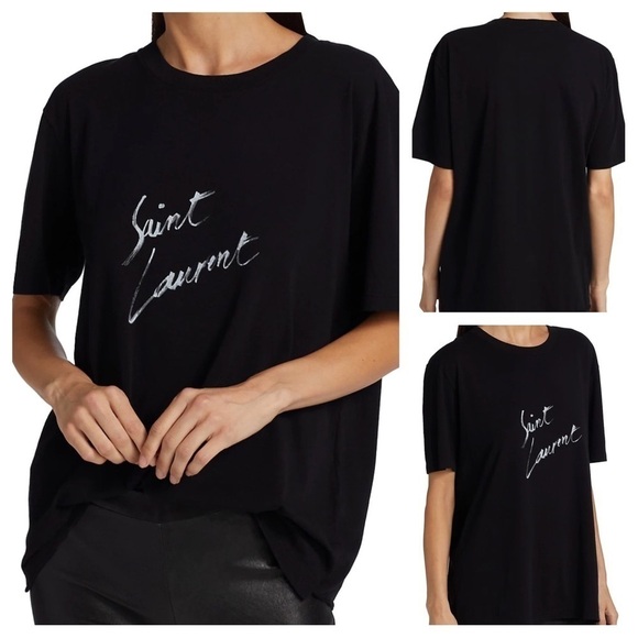 Saint Laurent Cotton Logo Tee: Black - Picture 1 of 13